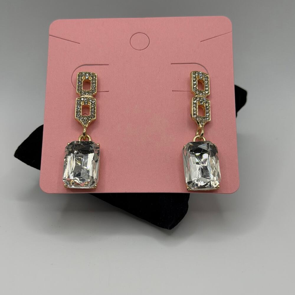 Gold Clear Crystal Emerald Cut Drop Earrings Pave Link Statement Glam